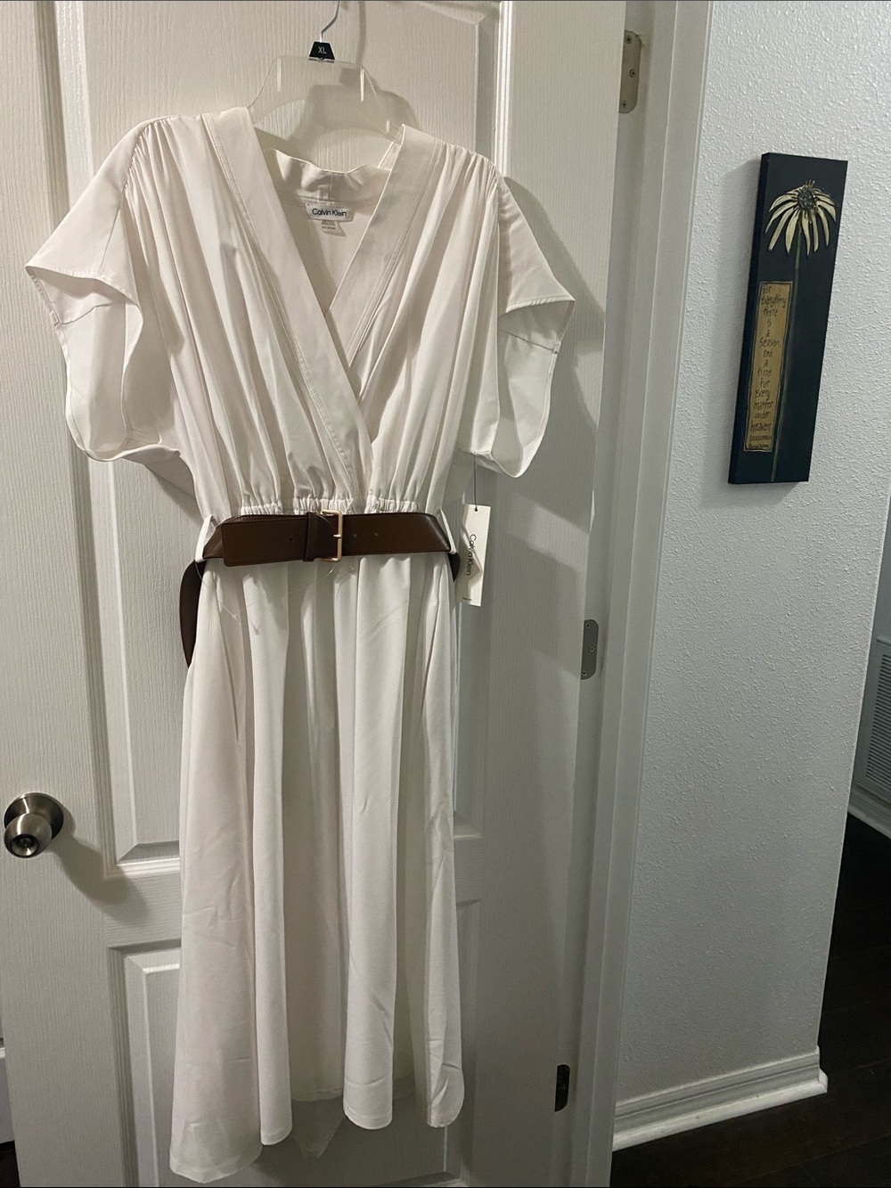 Calvin Klein White Midi Dress with Brown Belt